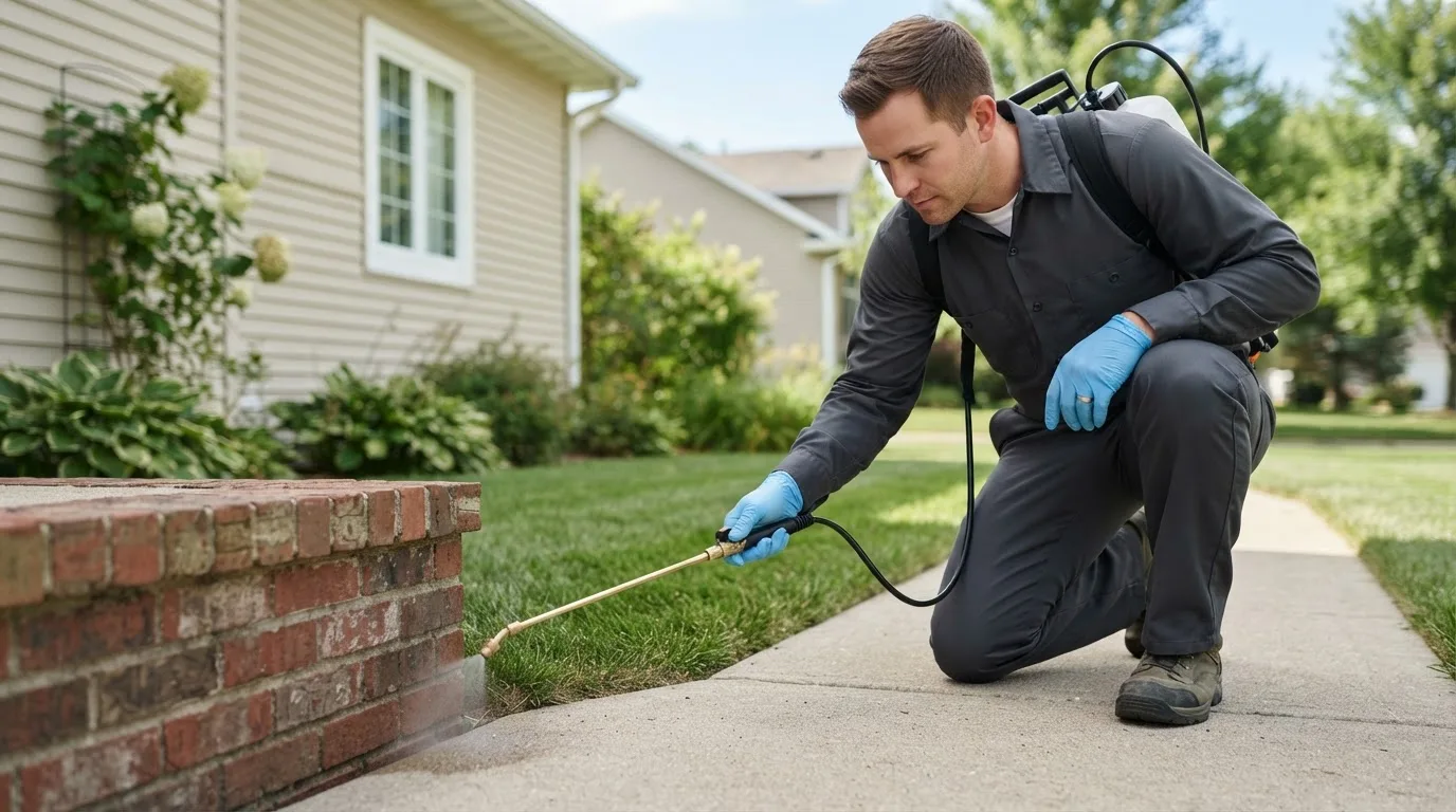 Pest control technician treating a home near Monroe, NH